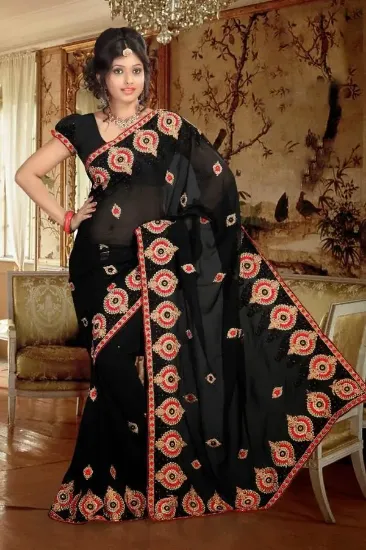 Picture of indian wedding party wear saree black saree fancy georg