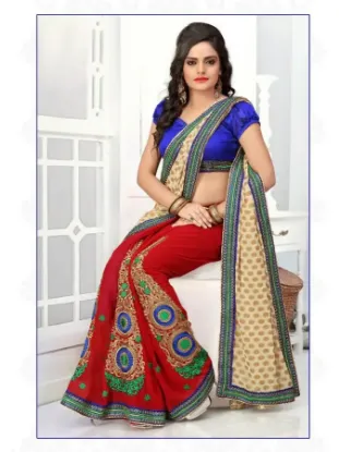 Picture of latest designer sari cotton blend fancy resham zari wo,