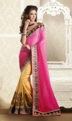 Picture of modest maxi gown disgner saree peach and blue art silk 