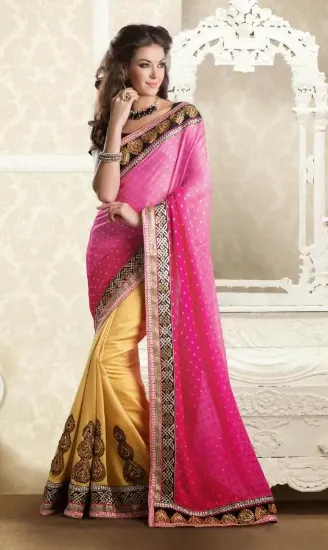 Picture of modest maxi gown disgner saree peach and blue art silk 