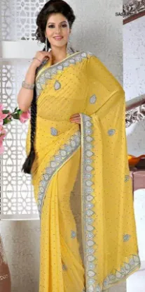 Picture of mustard indian georgette zari border sari designer embr