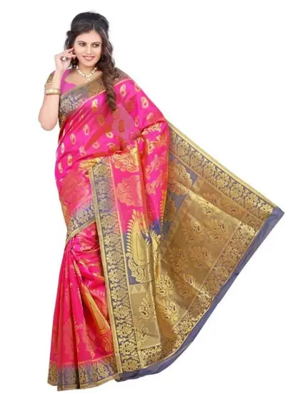 Picture of navy blue designer bollywood jacquard border sari banar