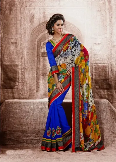 Picture of om handmade indian sari art silk hand embroidered blue 