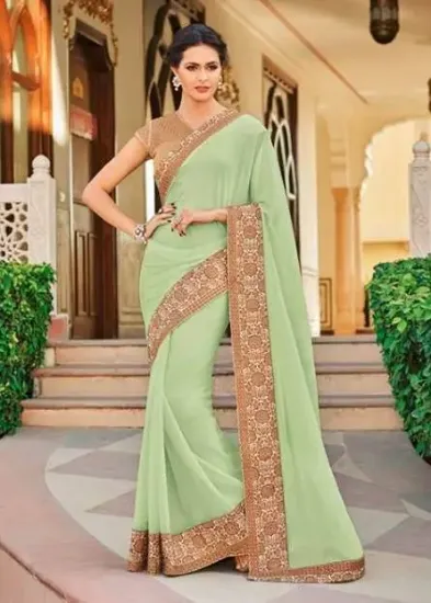 Picture of om handmade indian sari georgette hand beaded green sar