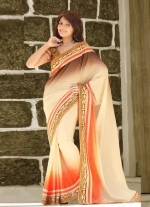 Picture of om handmade indian sari georgette off white hand embroi