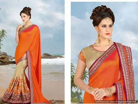 Picture of orange & blue beautiful designer ethnic culture saree ,