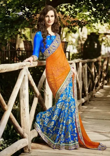 Picture of orange embroidered sari handmade style indian women sar