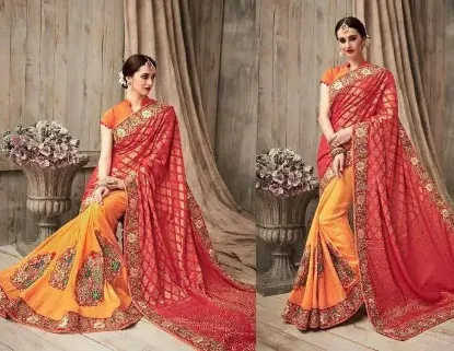 Picture of orange traditional indian art silk saree pakistani par,