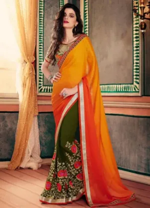 Picture of orange trandy art silk saree pakistani festival wear em