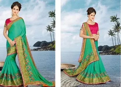 Picture of pakistani embellish poly cotton saree women party wear,