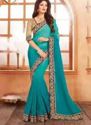 Picture of pakistani gold bollywood art silk saree party wear emb,