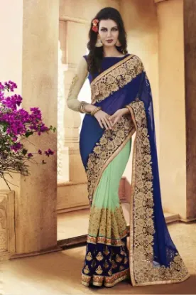 Picture of pakistani party wear saree with running blouse modest m