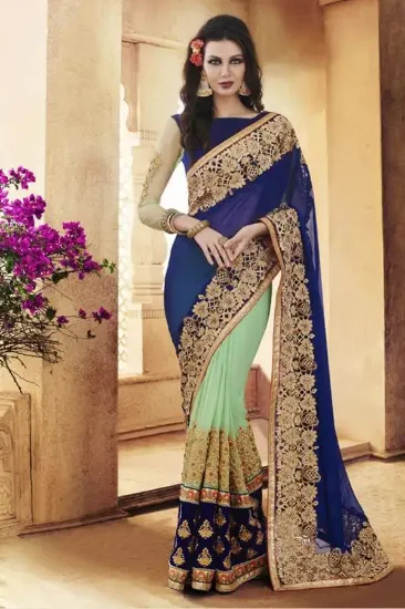 Picture of pakistani party wear saree with running blouse modest m