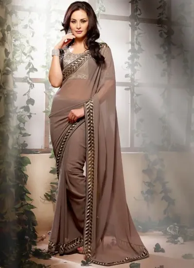 Picture of pink beige designer jacquard work bollywood sari banar,