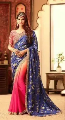 Picture of pink blue designer bollywood jacquard border sari bana,