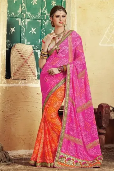 Picture of pink blue designer bollywood jacquard border sari banar