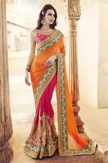 Picture of pink designer bollywood embroidered border sari silk sa