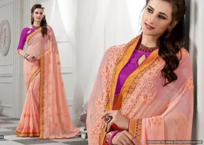 Picture of pink designer embellish sari chiffon festival pakistan,