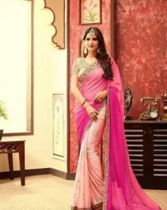 Picture of pink designer embellish sari georgette wedding pakista,