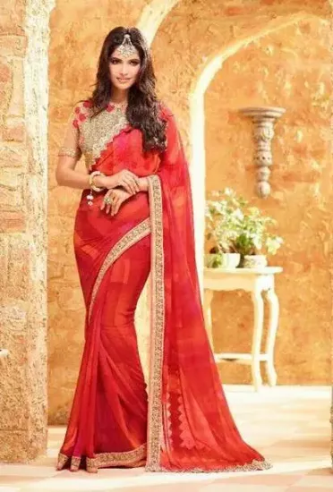 Picture of pink designer thread border work bollywood sari banara,