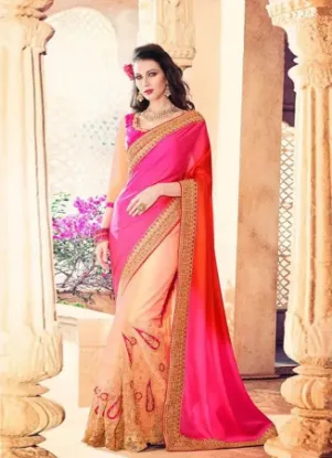 Picture of pink pakistani bollywood crepe silk saree wedding wear 