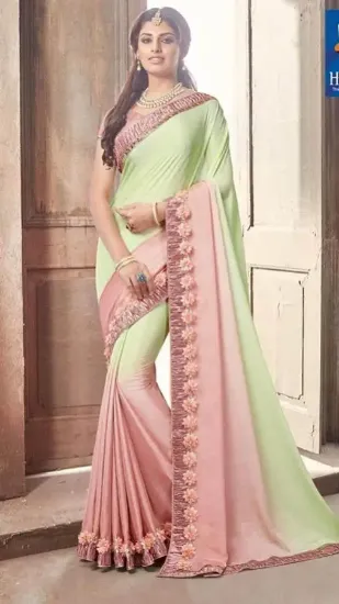 Picture of pink traditional art silk saree pakistani festival wea,