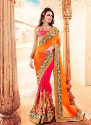 Picture of pure silk handmade indian saree nice printed orange bat