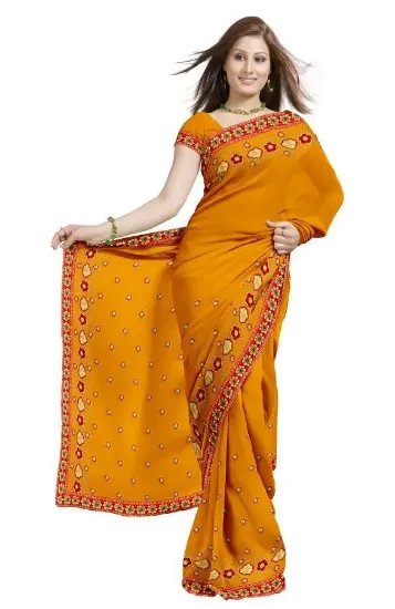 Picture of pure silk tree printed handmade saree indian orange use