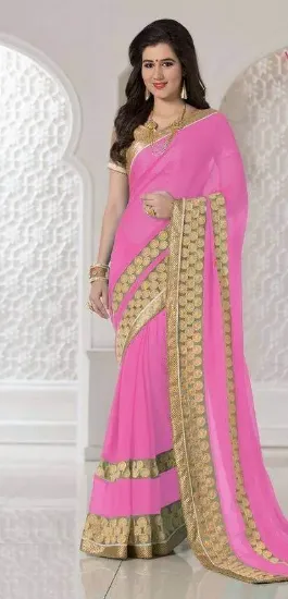 Picture of ready made pink dupin saree choli designer top wedding,