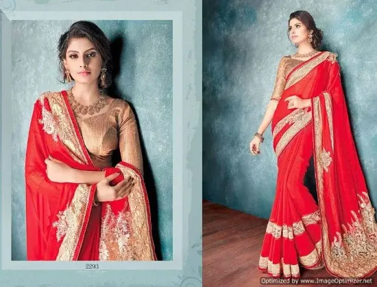 Picture of red designer jacquard border bollywood style sari bana,