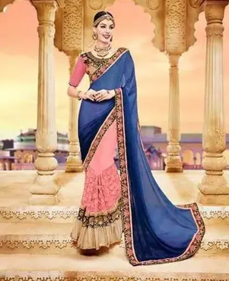 Picture of red navy blue designer embroidered bollywood sari geor,