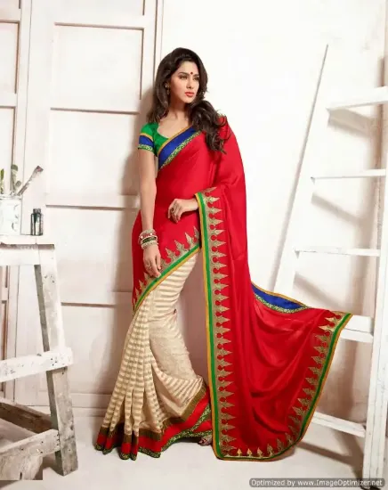 Picture of red navy blue designer embroidered bollywood sari georg