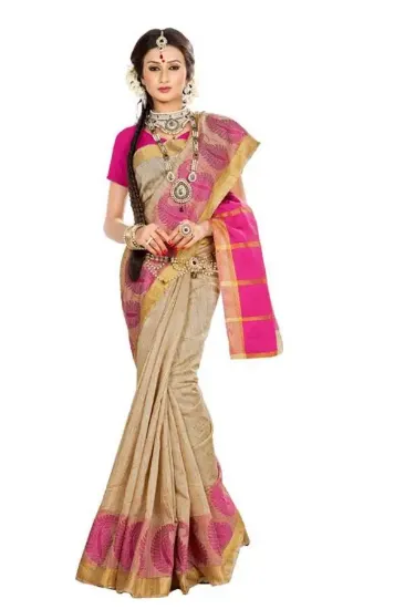 Picture of sanskriti handmade art silk ethnic saree cream printed 