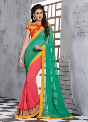 Picture of sanskriti handmade indian silk blend saree green printe