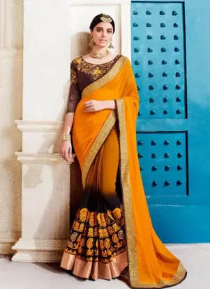 Picture of sanskriti handmade pure silk cultural saree brown flora