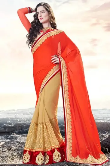 Picture of sanskriti handmade pure silk saree orange printed sari 