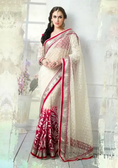 Picture of stylish red colour stripe design occasional saree with,