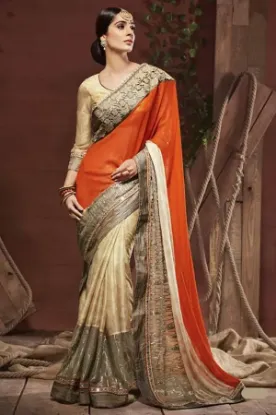 Picture of traditional art silk saree with blouse zig zag printed 