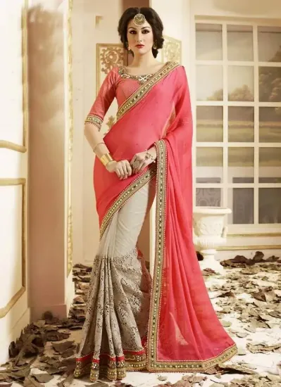 Picture of women's pure georgette red saree handmade gotta border 