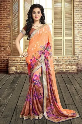 Picture of yellow beige designer printed border bollywood sari ge,