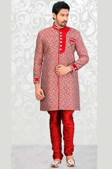 Picture of admirable white jacquard silk indian wedding sherwani f