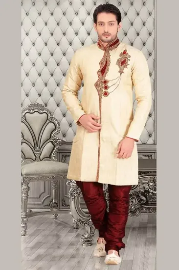 Picture of beige brocade silk indian wedding indowestern sherwani 