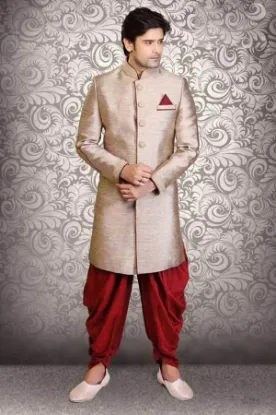 Picture of brown cotton silk indian wedding indowestern sherwani f