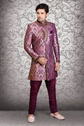 Picture of brown ghicha silk indian wedding indowestern sherwani f