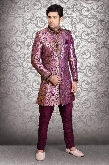 Picture of brown ghicha silk indian wedding indowestern sherwani f