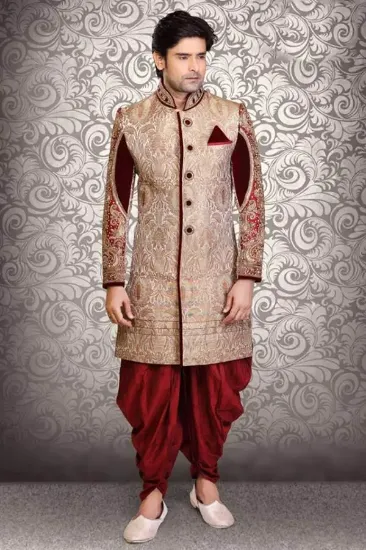 Picture of brown jacquard & ghicha silk indian wedding indowestern