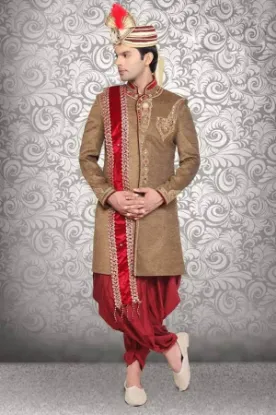 Picture of classic brown brocade silk indian wedding sherwani for 