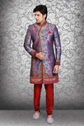 Picture of classic cream art silk indian wedding sherwani for men 