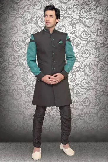 Picture of classic cream jacquard silk indian wedding sherwani for