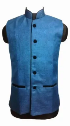 Picture of classy blue jacquard silk indian wedding sherwani for m